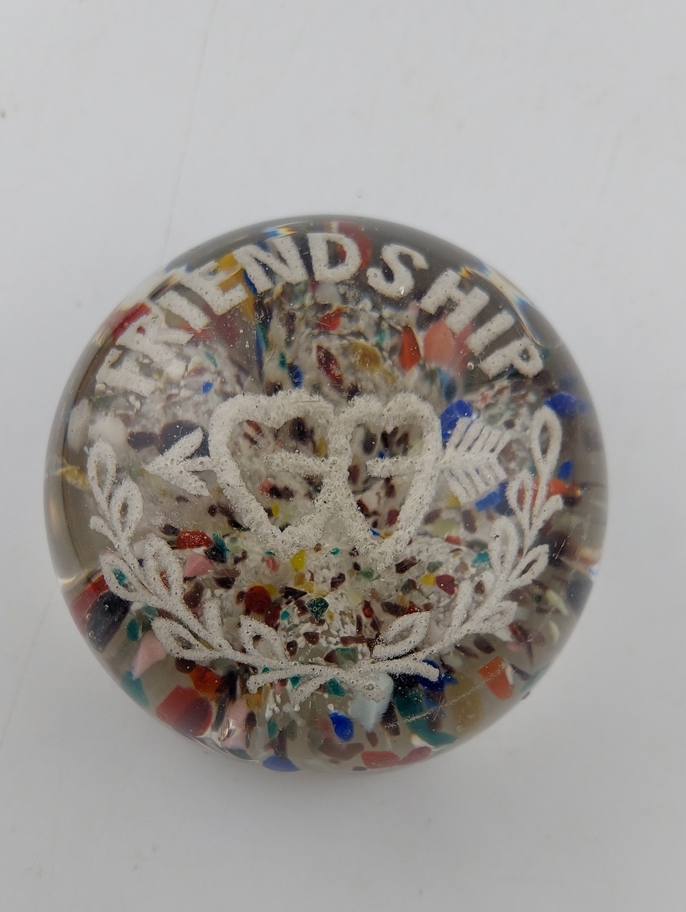 Vintage Friendship Paperweight with White Script and Multicolor Confetti